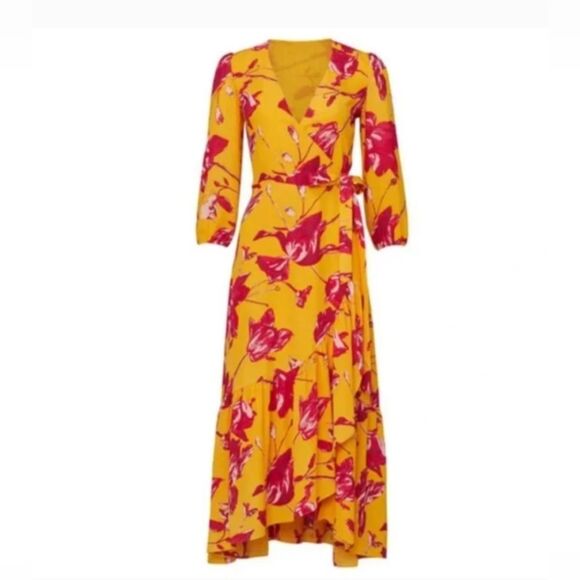 Color Me Courtney Eleanor Wrap yellow maxi belted Dress Floral Long Sleeves M - Picture 3 of 11